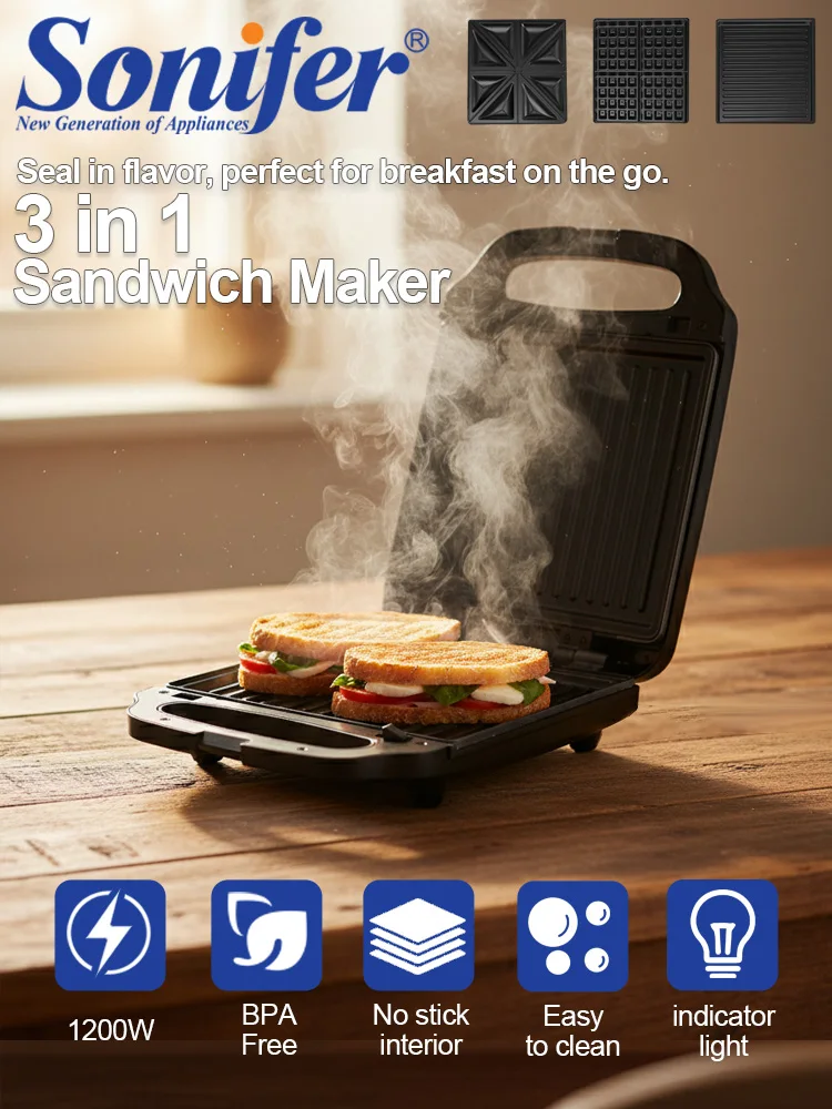 3 in 1 Sandwich Maker Sonifer SF-6087 1200W Waffle Grill Machine Non Stick Plate Breakfast Maker for Home Kitchen