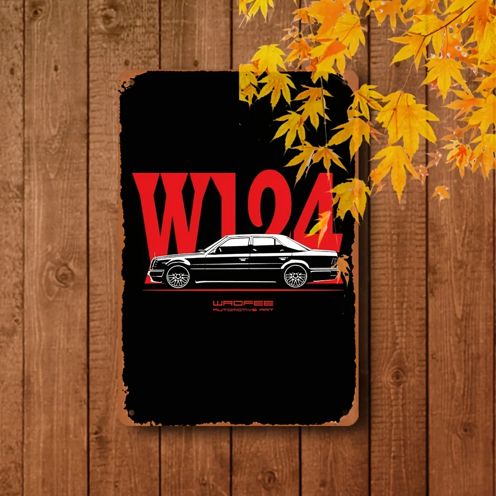 Vintage W124 E500 Wrought Iron Wall Art,  Retro Automotive Decor, Black Car with Red Background, Durable Metal Sign for Home, Of