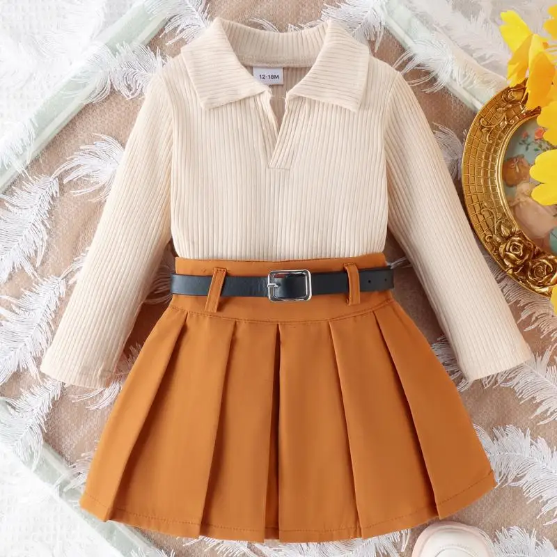 Autumn and Winter New Solid Color Lapel Long Sleeved Top Pleated Short Skirt Belt Fashionable and Cute Party Girl Two-Piece Set