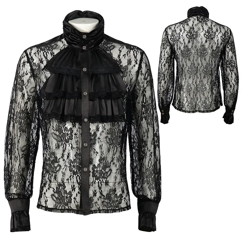 Halloween Tops Hip Hop Shirts Dress Up Tops Lace Clothing Medieval Men Lace Shirt With Jabot Victorian Shirt New Men Gothic