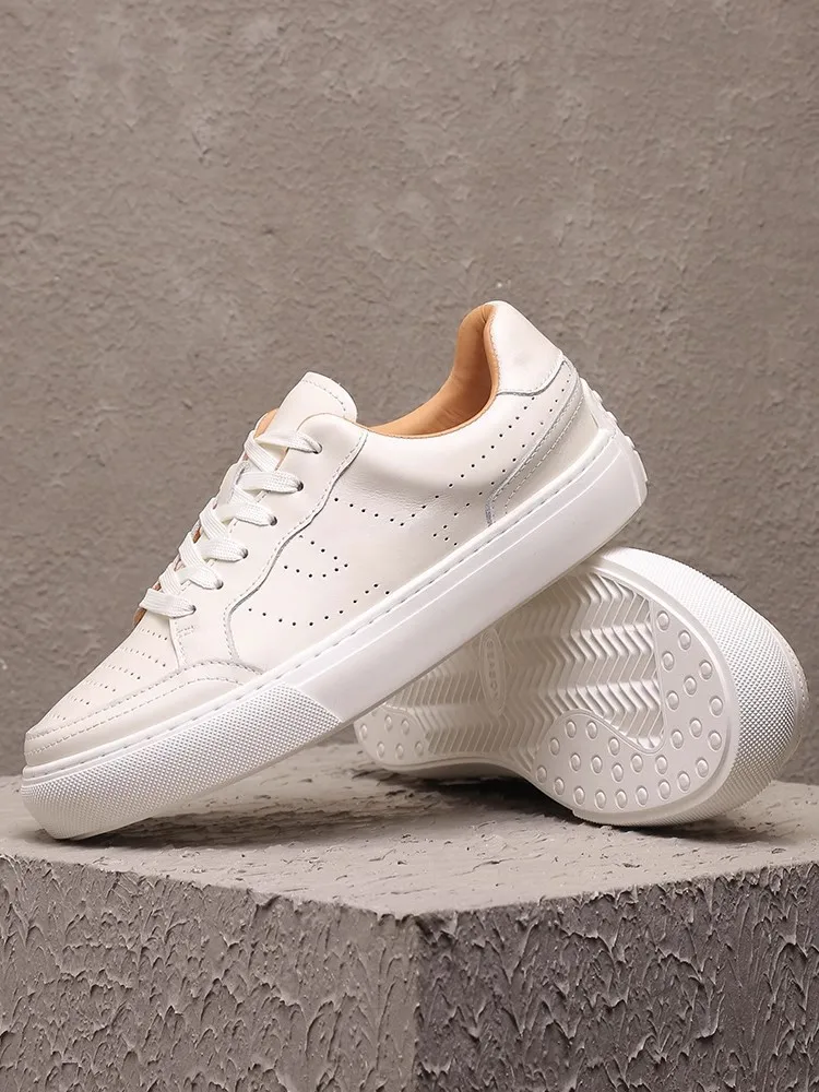 Italian Style Beige White Mens Shoes Genuine Leather Designer Outside High Quality Handmade Sneakers Round Toe Man Footwear