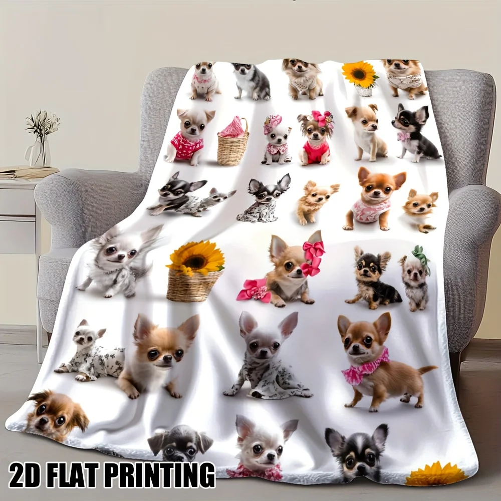 Vintage Chihuahua Collage Print Throw Blanket, Soft Cozy Blanket for Sofa Bed Office, Versatile Dog Lover Gift