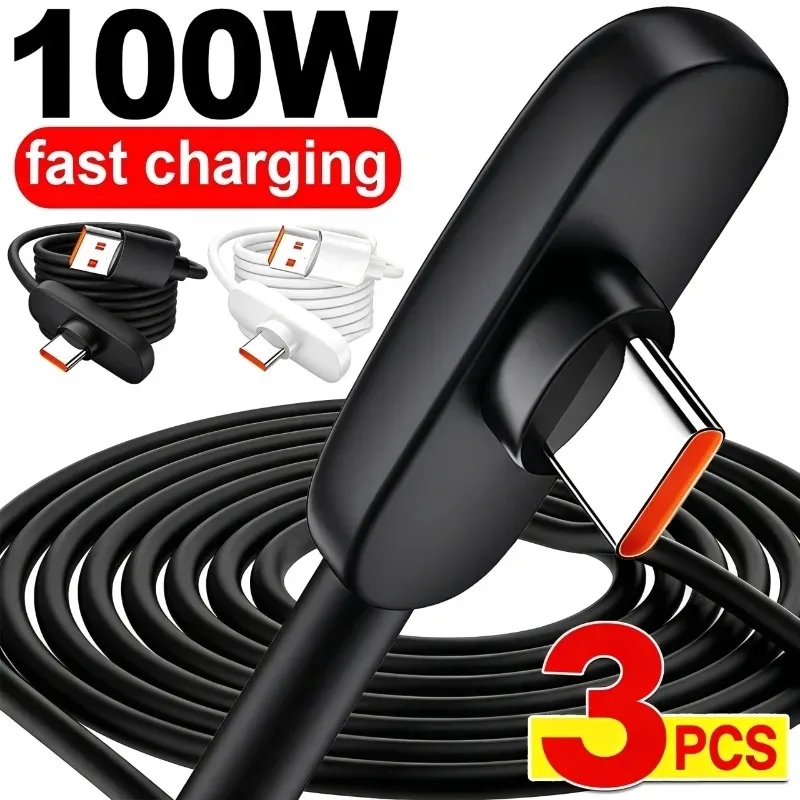 1/2/3PCS 100W 6A 90 Degree Elbow Fast Charging Phone Silicone Data Cable for Samsung Xiaomi Huawei Honor USB Type C Charger Cord