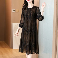 Summer Black Natural Silk Emboridery Hollow Out Sexy Dress Women Korean Vintage Hepburn Dress 2024 New Elegant Loose Midi Dress