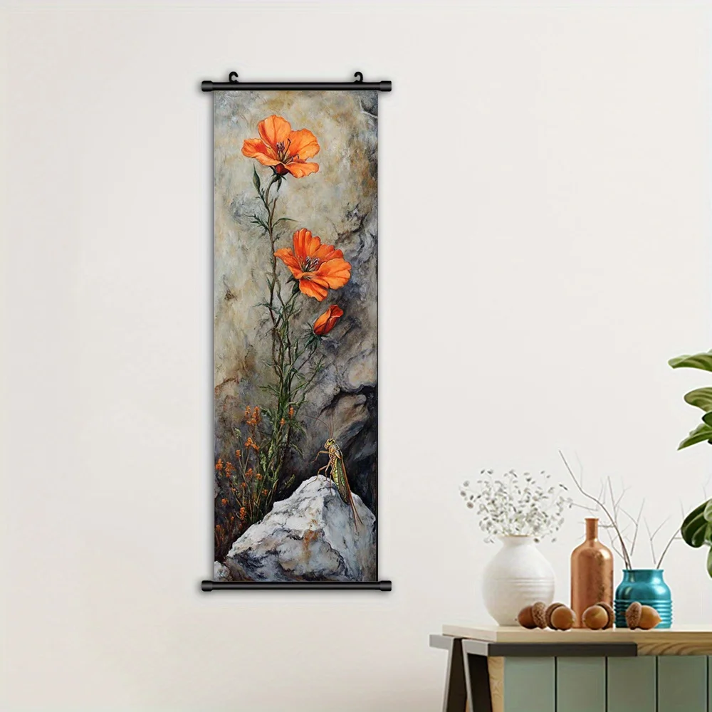 VIKAMA Grasshopper Poppy Flower Canvas Wall Art Framed Scroll Poster for Living Room Nature Decor Gift Botanical Print