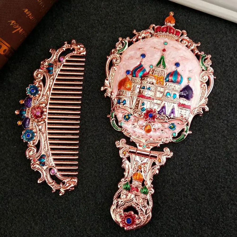 

1Set Makeup Mirror Comb Set Premium Portable Vintage Mini Mirror for Women Handheld Foldable Rose Gold