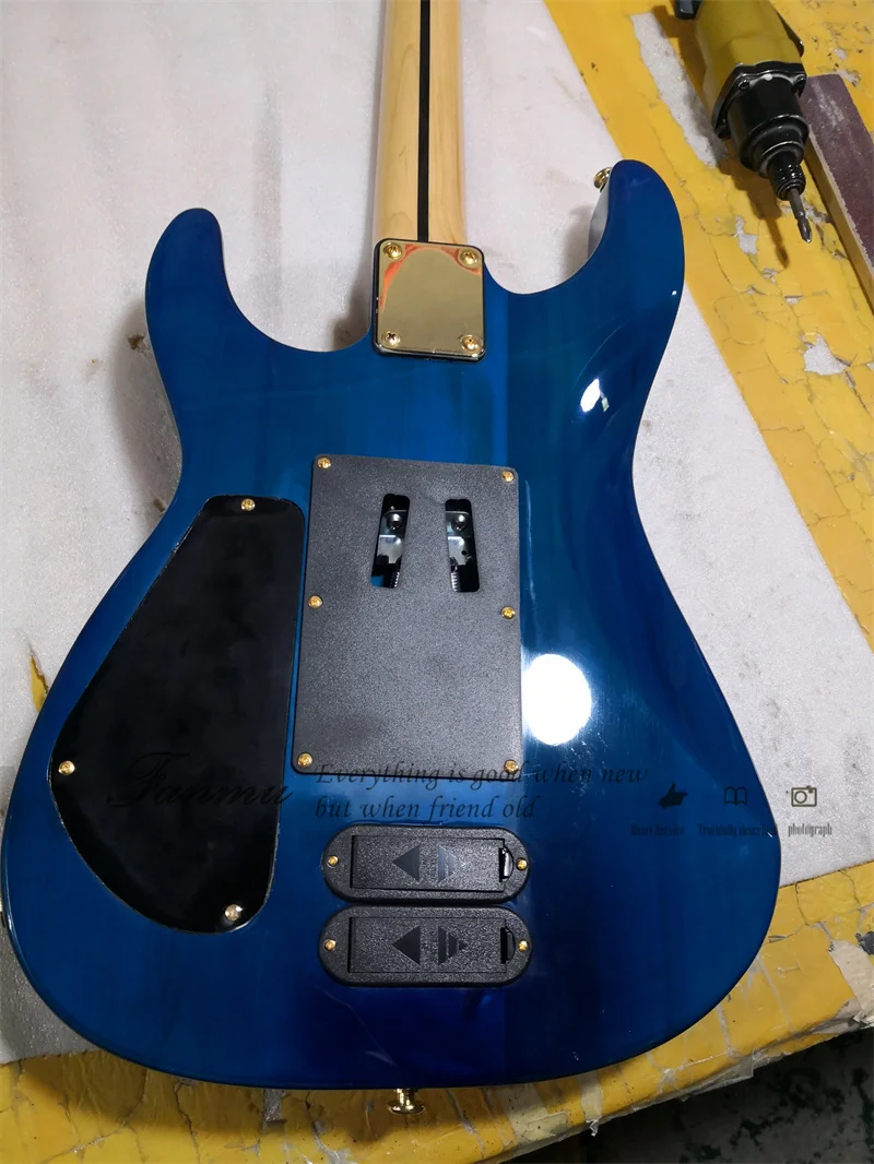 Tran Blue Electric Guitar PC-1 Body Squilted Maple Veneer Maple Fingerboard Tremolo Bridge SSH Pickups Active Battery Gold Tuner