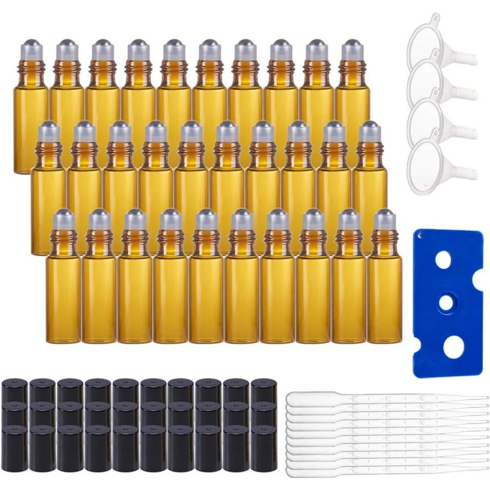 

30 упаковок, 5 мл, янтарные стеклянные бутылки-ролики для эфирных масел с шариками из нержавеющей стали, 10 шт., 3 мл, капельницы, 4 шт., воронки
