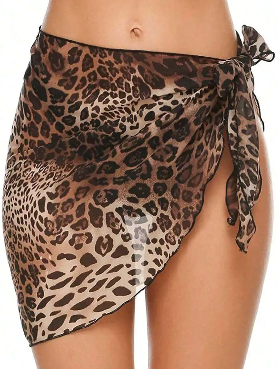 

Womens Chiffon Leopard Print Beach Wrap Skirt Sheer Sarong Cover Up