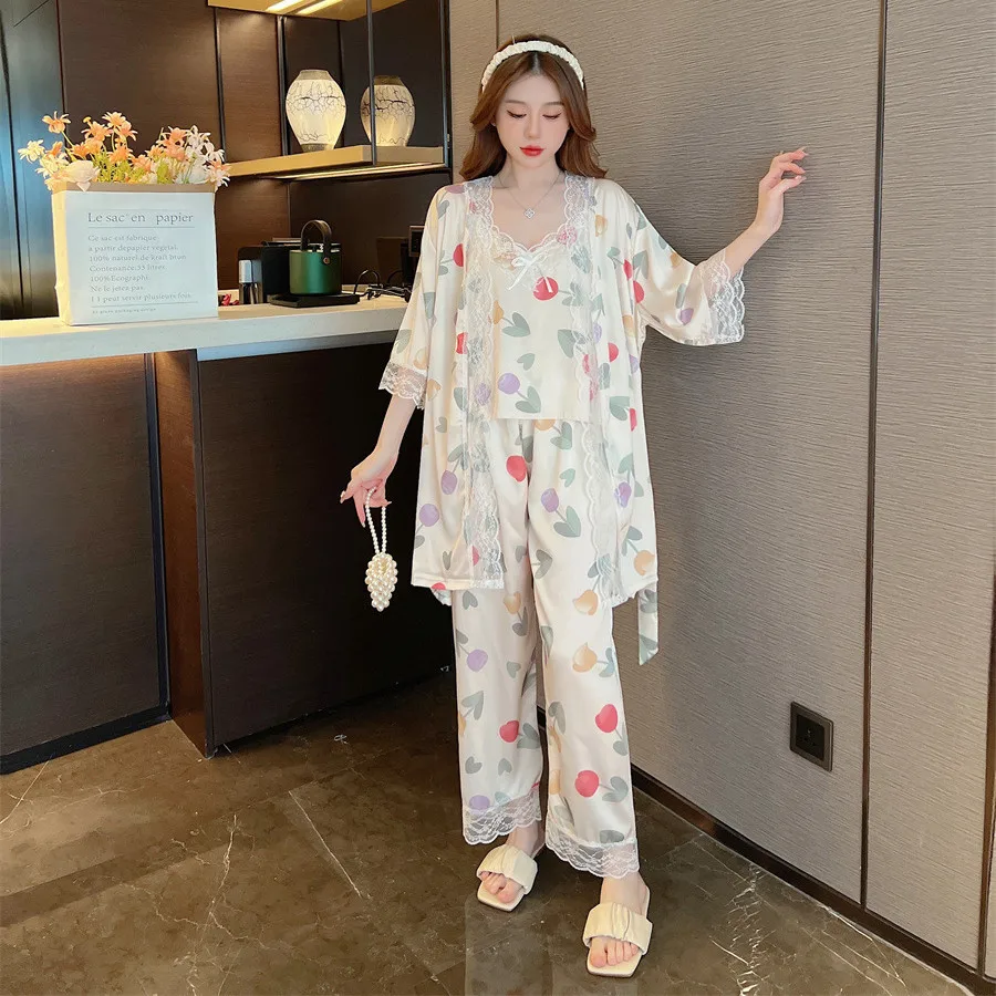 

Sexy Floral Printed Stain Women 3Pcs Pajamas Sets Sleepwear Nightwear Lace Trim Robe Sling Pants Sleep Pijamas Homewear