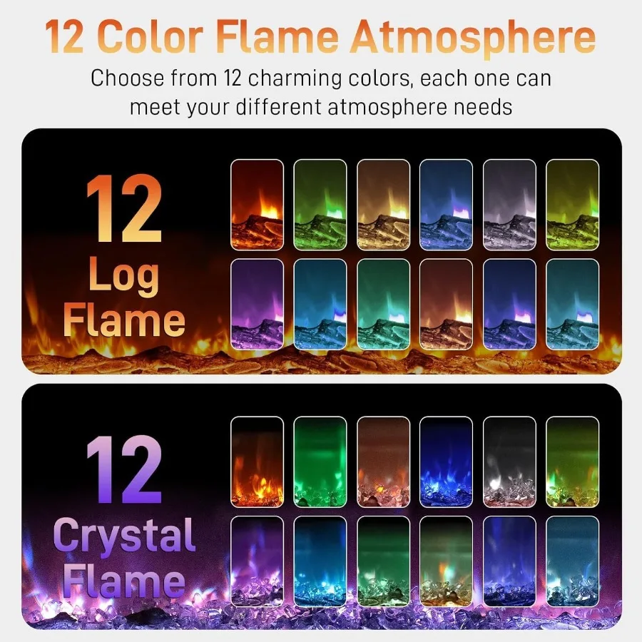 42 Electric Fireplace Wall-Mounted Inserts Fireplace Heater with Remote WiFi Control 12 Adjustable Flame Colors Log Crystal Set