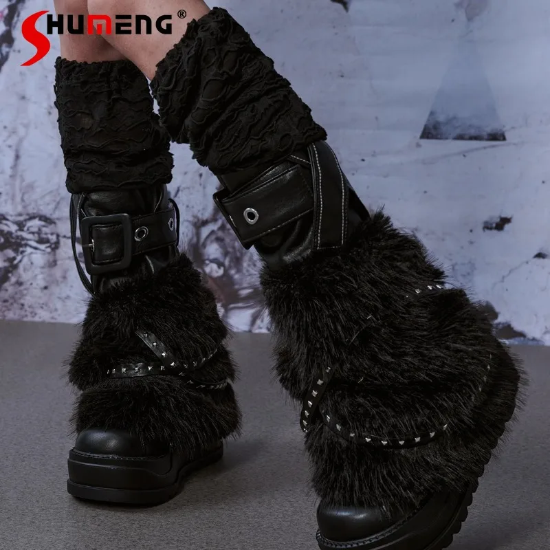 Heavy Industry Splicing Subculture Y2k Leg Warmers Stacking Socks Punk Rock Autumn Winter Hairy Leg Cover Clothes Accessories