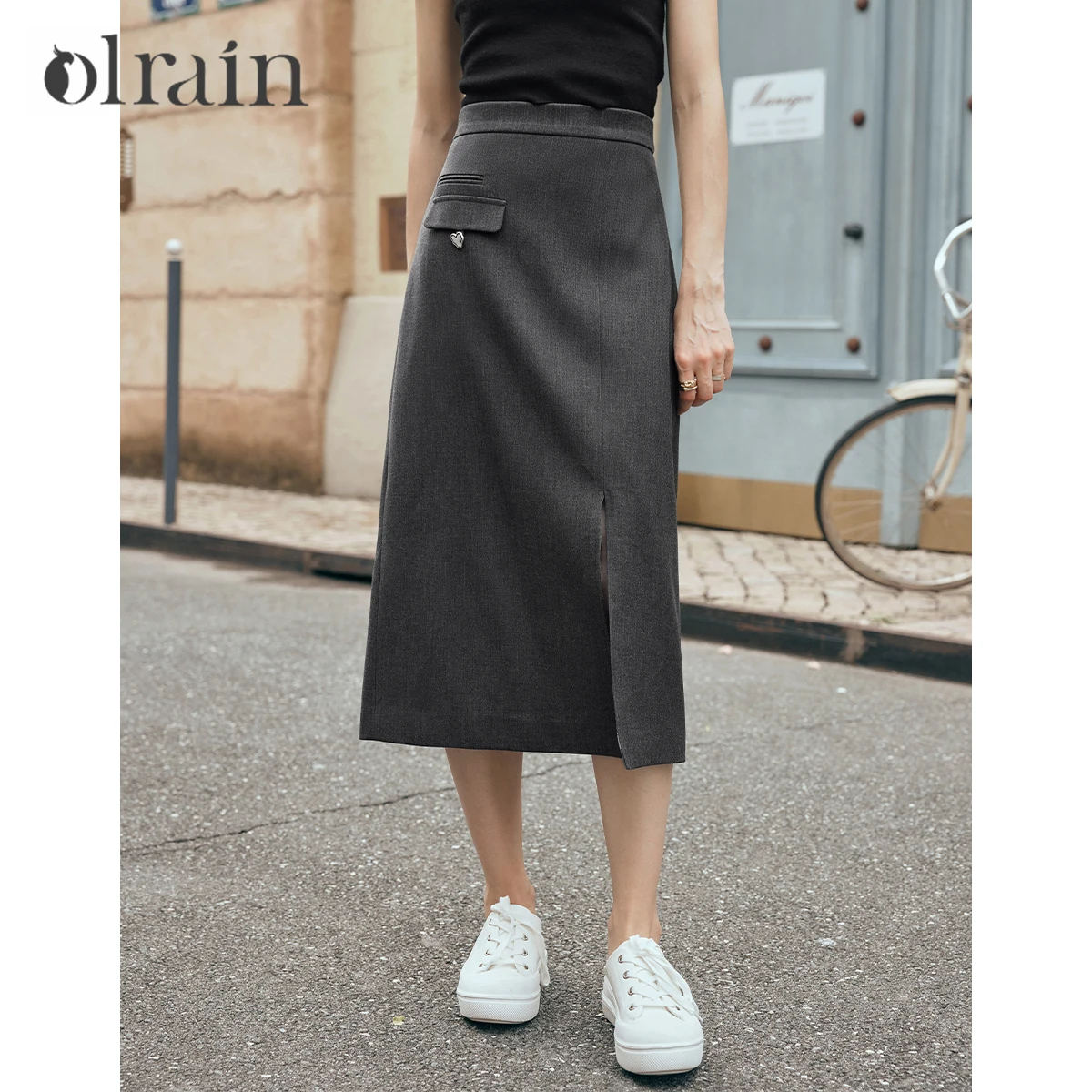 OLrain Women 's Midi Skirt 2025 Autumn Fall Elegant Fashion High Waist Straight Split Skirt Simple Woman Clothing O23QB82518