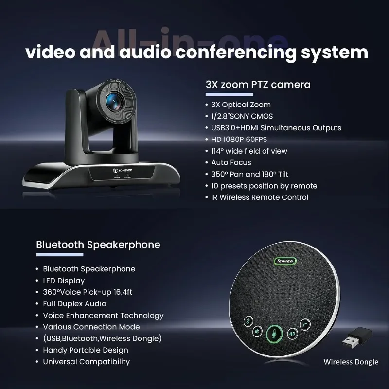 الكل في واحد غرفة الاجتماعات نظام كاميرا فيديو حزمة HD 1080P 60fps 3X زووم بصري USB3.0 كاميرا متحركة