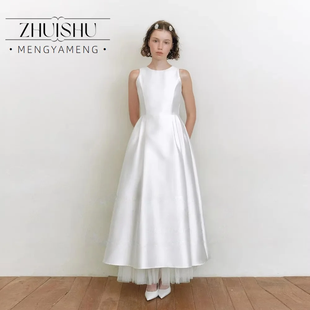 O-Neck Sleeveless Satin Korean Wedding Dresses Floor-Length Bridal Gown Customized A Line Outdoor Photo Shoot Gown 2026