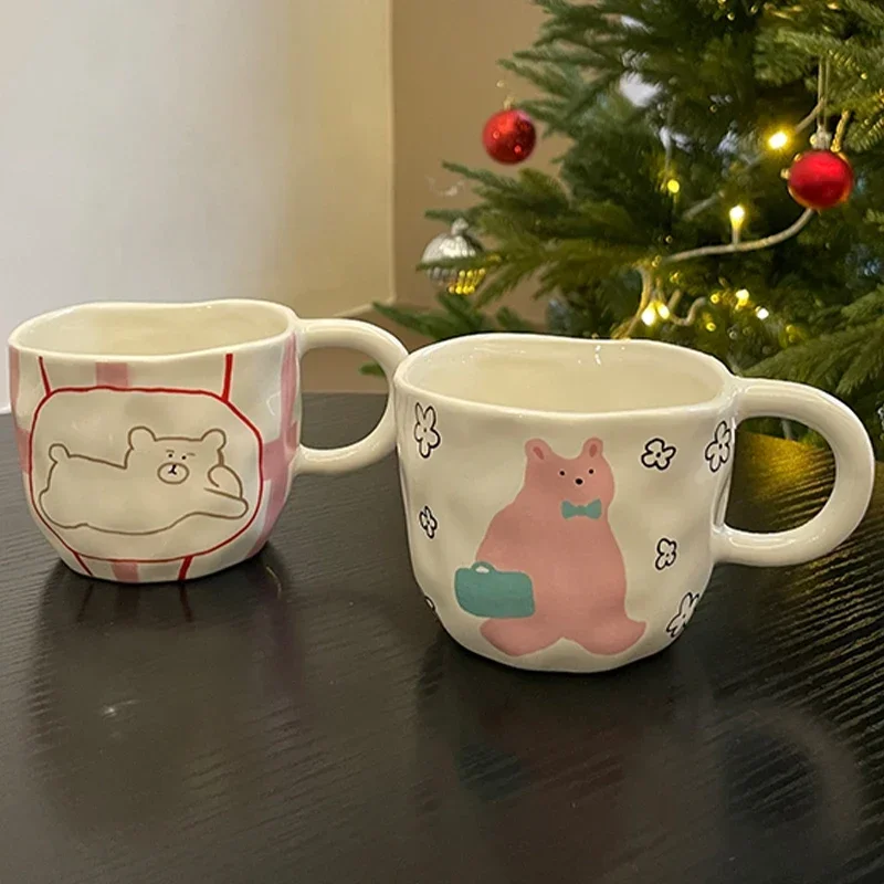 Copo de chá cerâmico pintado à mão Urso super bonito dos desenhos animados caneca de café de grande capacidade, Home Office Kitchen Bar Presente