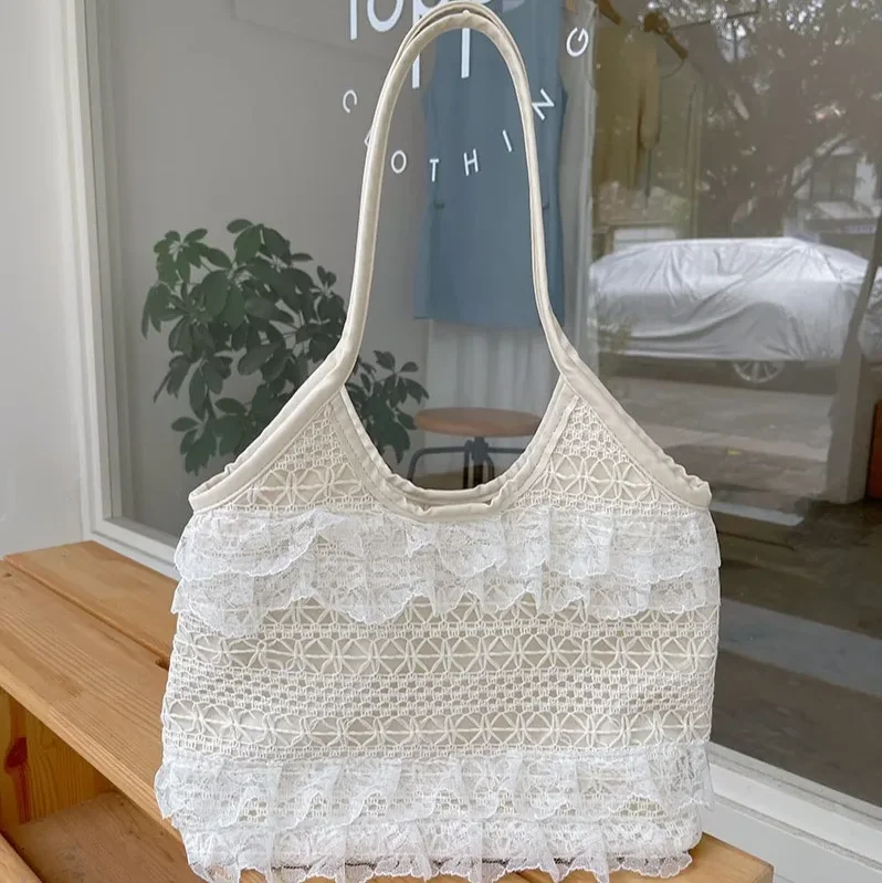 Summer Casual Vacation Fairy Lace Mesh Tote Bag Underarm Single Shoulder Sling Bag Large Capacity Commuting Women's Handbag Bag