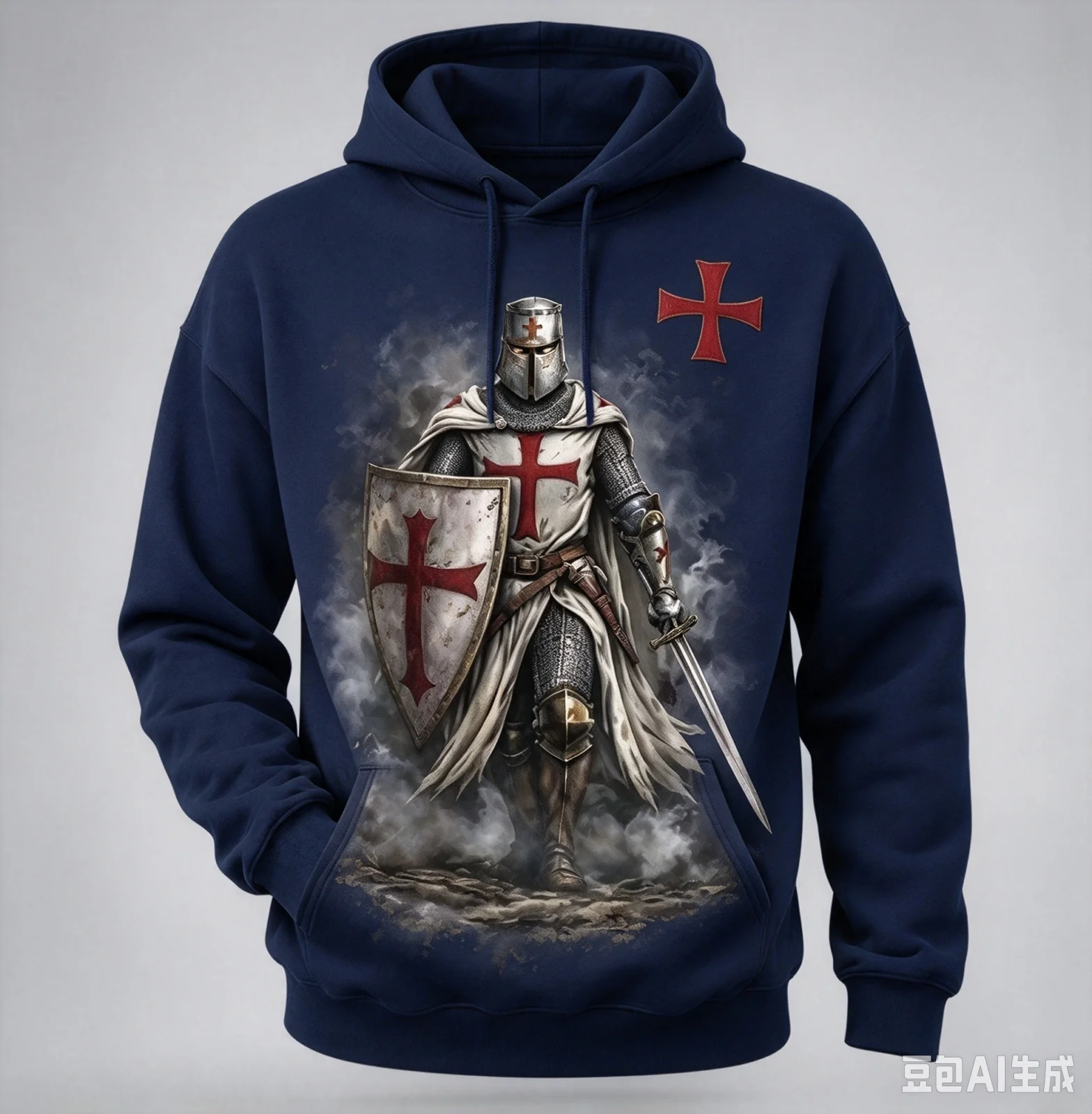 Knights Templar Crusader Full Print Graphic Hoodie, Medieval Warrior Red Cross Unisex No Drawstring Pullover Hoodie