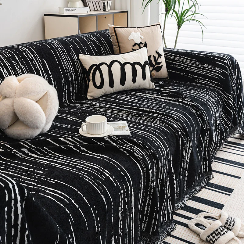 High-Quality Chenier Sofa Cover with Tassels Premium Anti Slip Sofa Blanket for Living Room Soft Stripe Furniture Protector