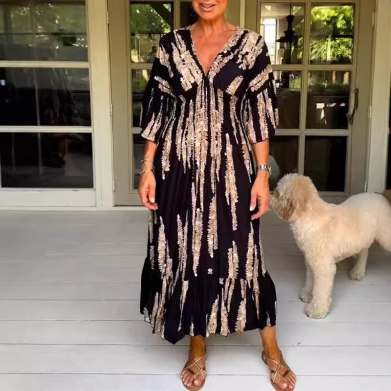 

2025new best-selling new type2025summer new casual Bell sleevevcollar printed dress long dress