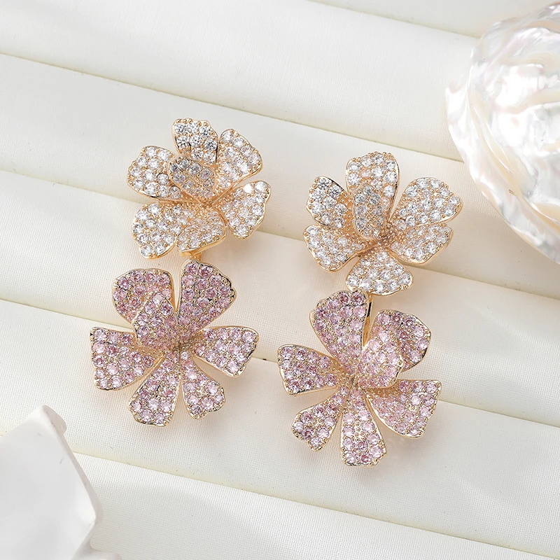 Luxury Gold Plated Zircon Flower Stud Earrings Beautiful Pink Mini Zirconia Micro-inlay Wear Front to Back Earrings for Brides