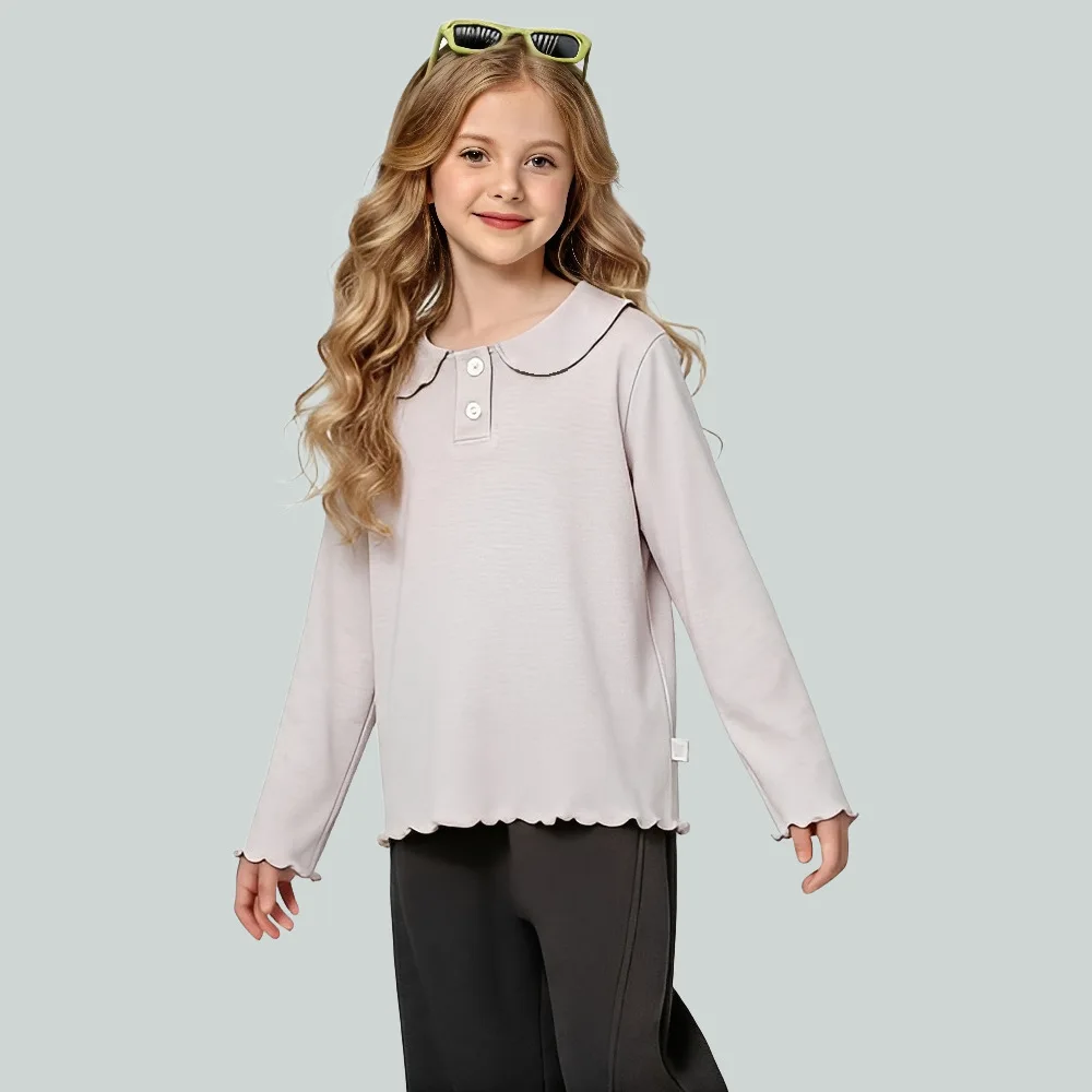 Girls' base shirt children's lapel T-shirt, new spring long sleeved top for middle-aged and young children