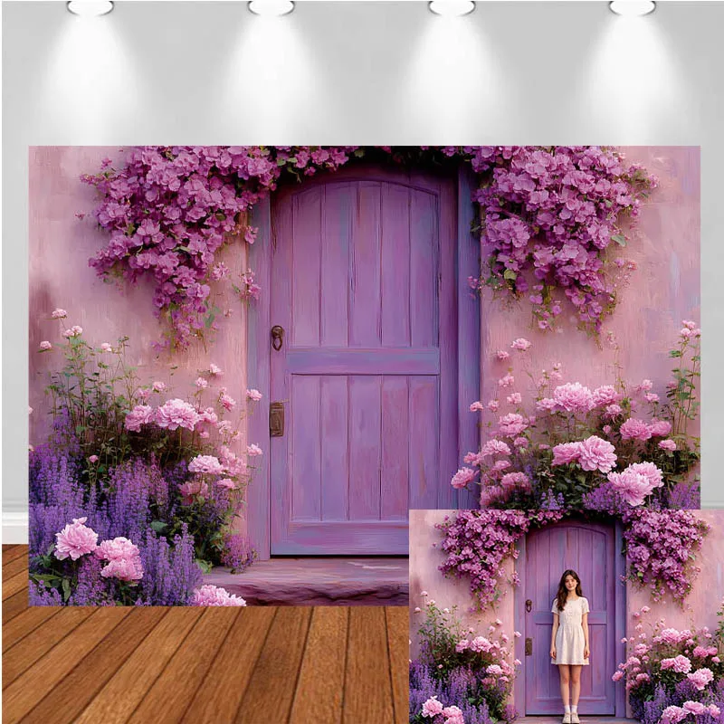 LS Photography Backdrop Purple Wooden Door Flowers Lavender Decor Birthday Wedding Cake Smash Adults Portrait Photo Background S