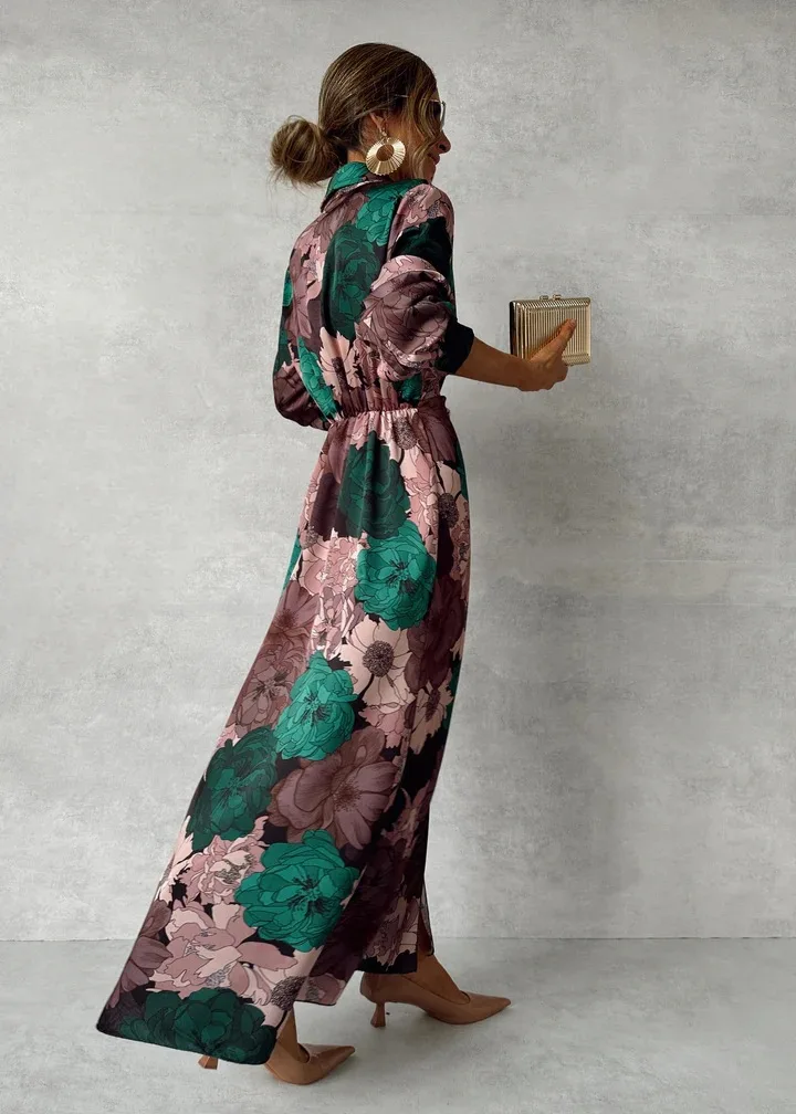 SKMY 2025 جديد فساتين طويلة Y2k ملابس النساء الخريف موضة مطبوعة عالية الخصر الدانتيل متابعة فستان بكم طويل ملابس الحفلات