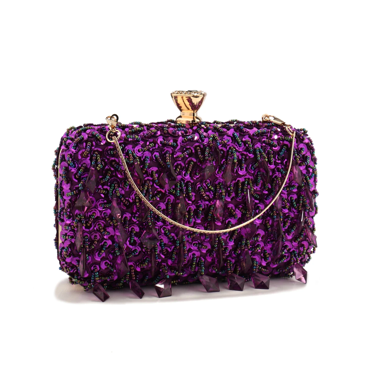 Glitter Party Dinner Evening Bags Purple Color Tassel Acrylic Clutch Bags Flap Fashion Metal Chain Diamonds Handbags Beading