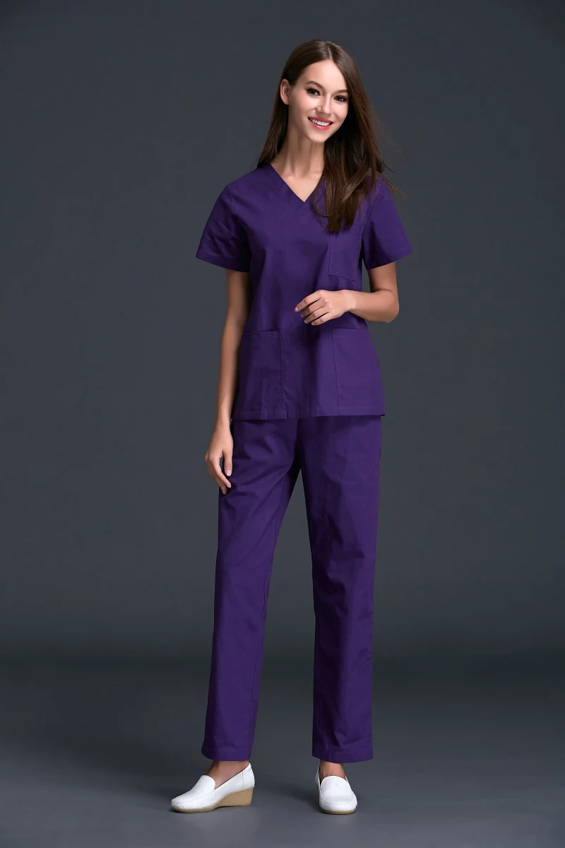 Uniformes de clinique dentaire à manches courtes pour femmes, ensemble de vêtements de travail de dentiste en coton pur, col en V, couleur foncée, été 100%