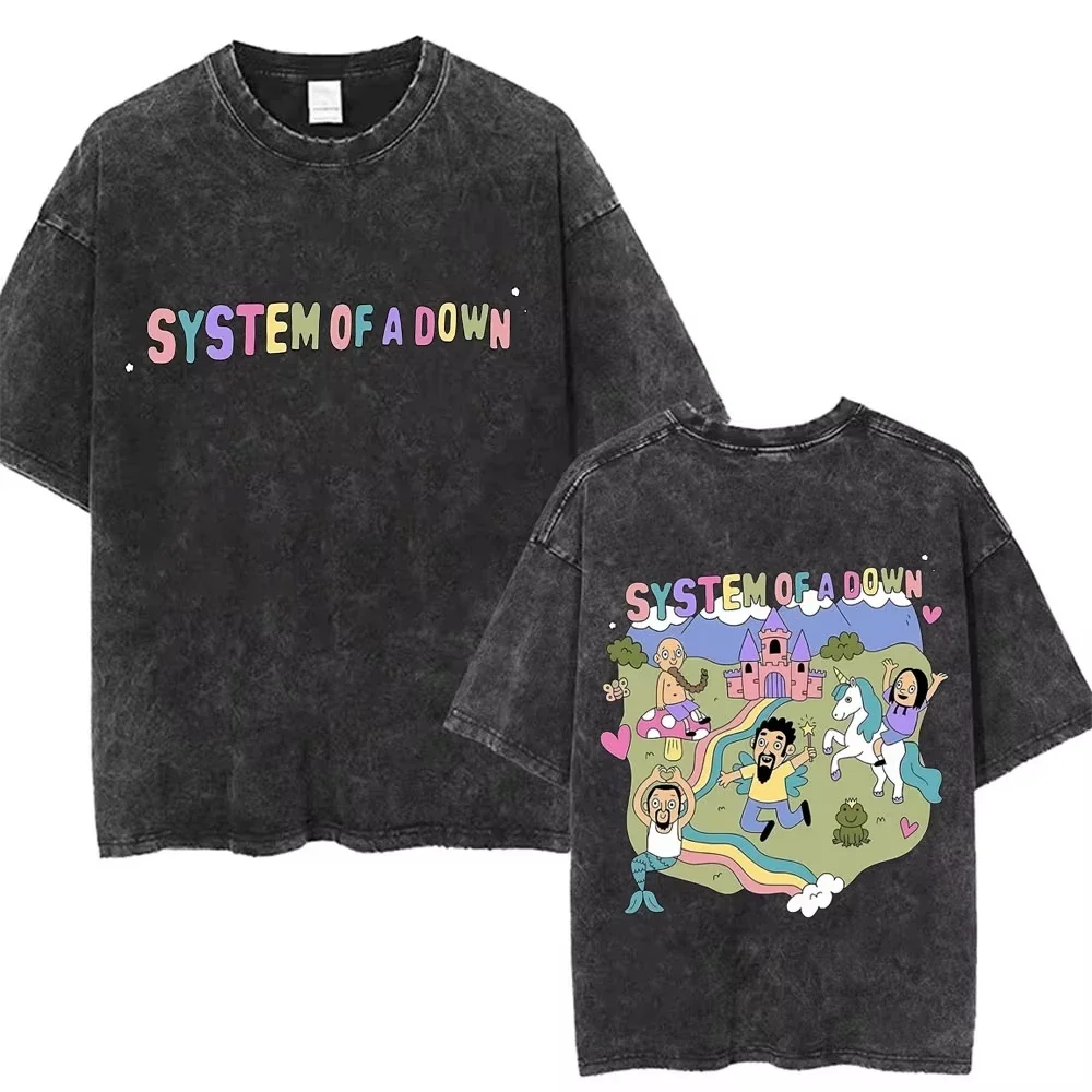 2026 Washed Vintage System of A Down Tshirt Men Women Cotton Quality Short Sleeve Tees Male Rock Music Band Cartoon Graphic