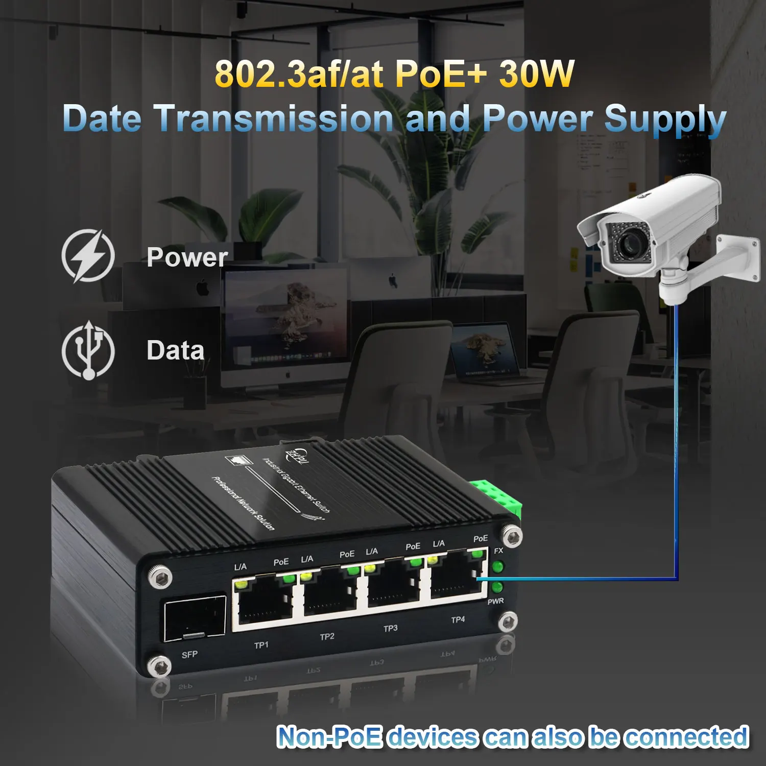 Switch PoE Gigabit óptico industrial de 2/3/4/5 portas 30W com slot SFP, IEEE802.3af/at, entrada 12-48VDC, saída PoE 48V, Rai Din