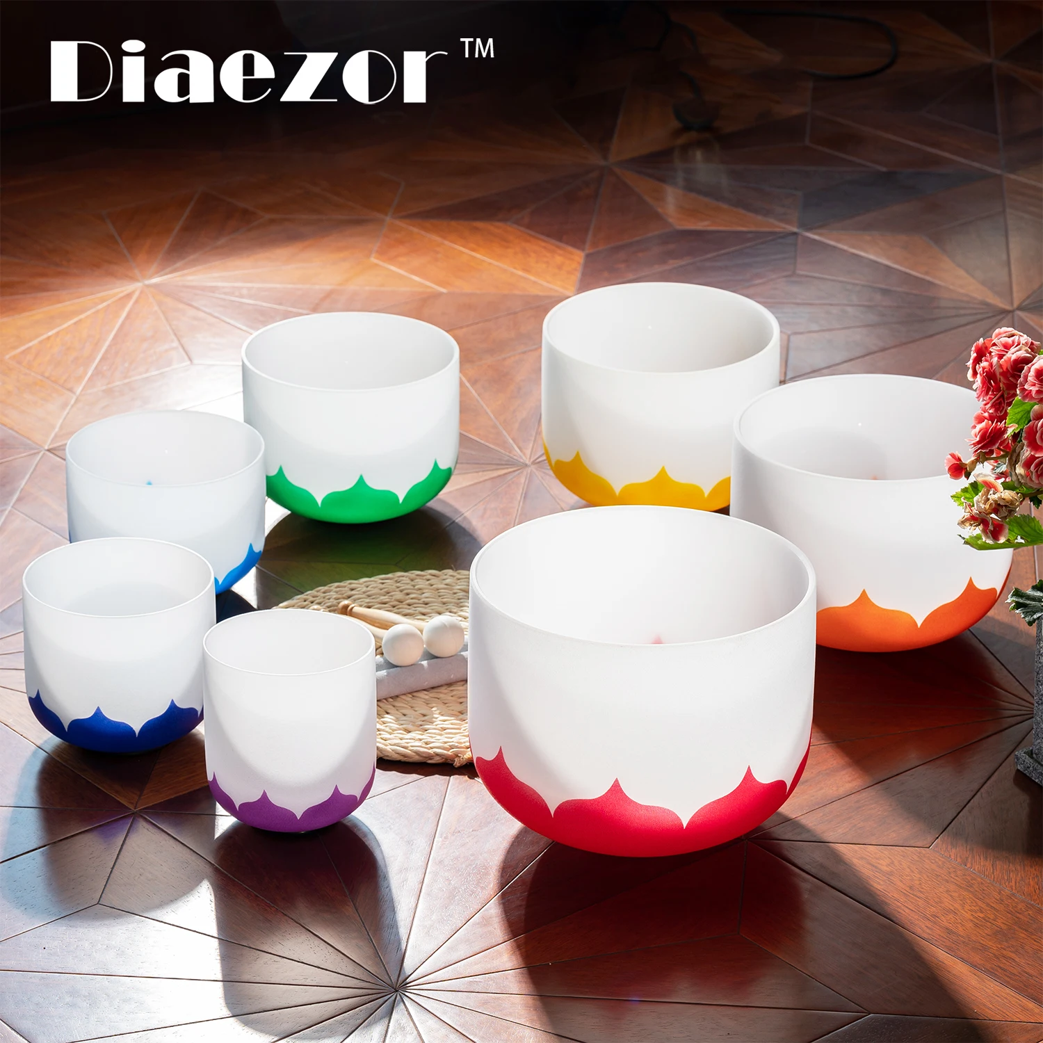 Diaezor 7-12 Inch Lotus Design Crystal Singing Bowls Chakra Instrument set of 7Pcs for Sound therapy and Meditation with Bags