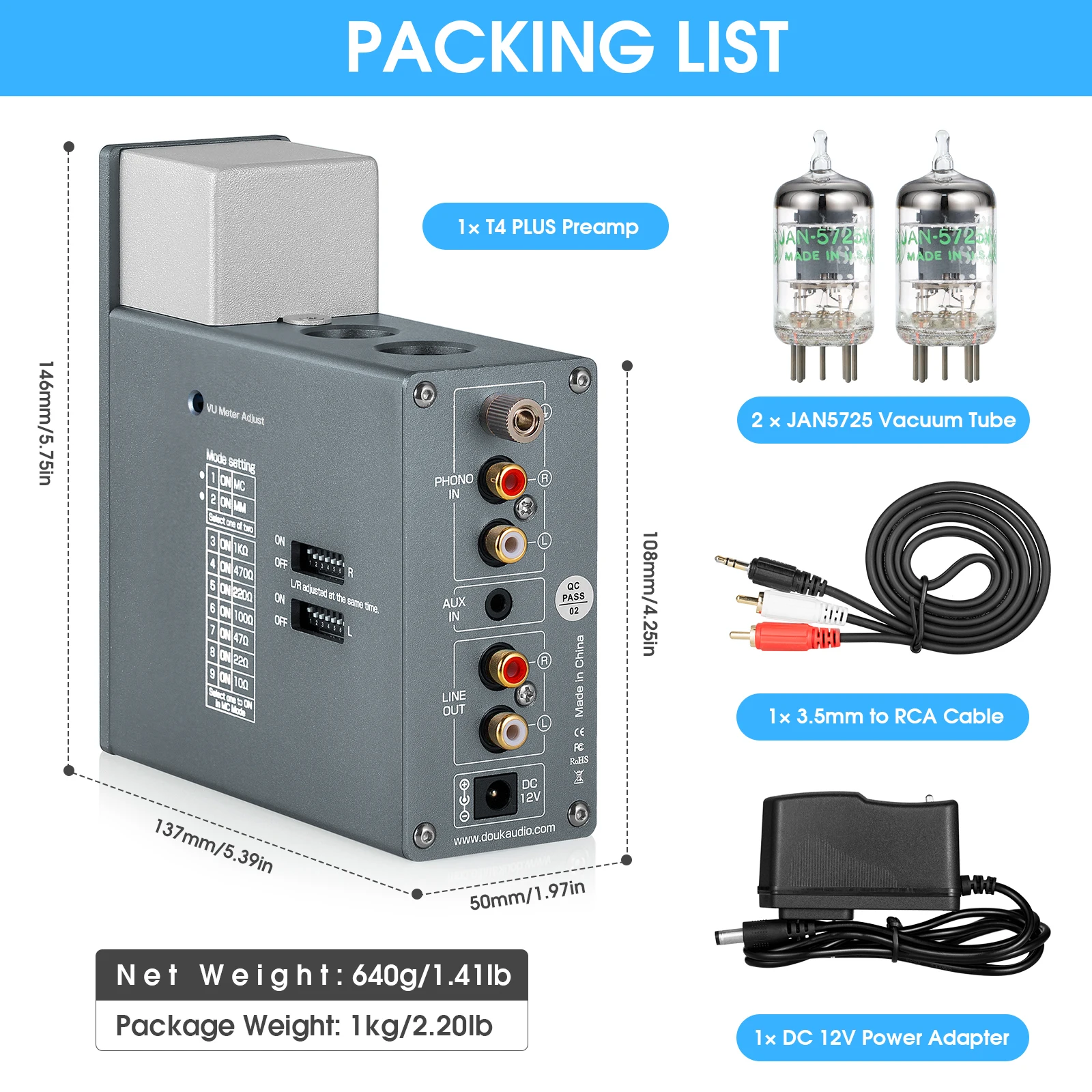 Douk Audio JAN5725 Tabung Vakum Phono Preamp untuk MM/MC Turntable Home Stereo Audio Preamp Headphone Amplifier dengan VU Meter