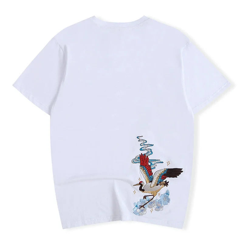 Pure Cotton Loose Fit T Shirt For Men Short Sleeve Crane Embroidery Summer Quality Comfortable Casual Unisex Camisetas De Hombre