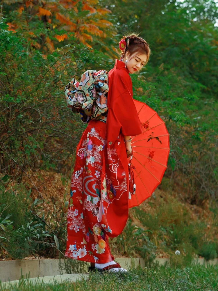 

Japanese Traditional Women Furisode Kimono Floral Prints Formal Yukata Cosplay Costume Photography Vintage Dress