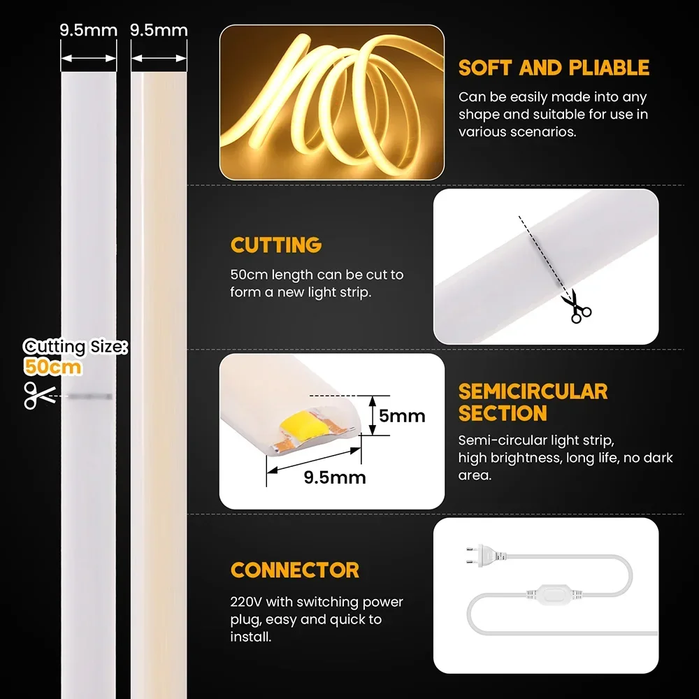 Dimmable COB LED Neon Strip Light Dimmer Switch Power Kit 220V 288 LEDs High Density Linear Lighting IP67 Waterproof Flex Ribbon