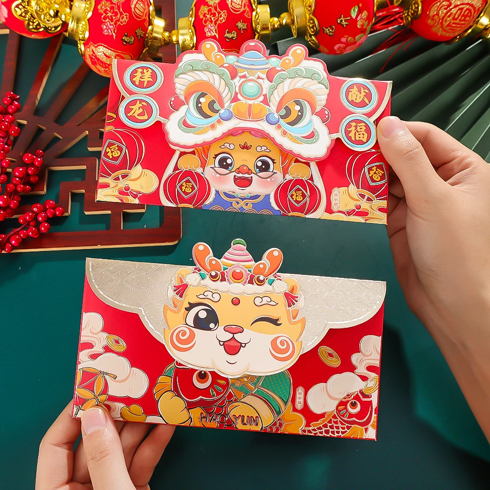 4Pcs buste rosse New Dragon Year busta rossa Creative Lion Dance Pattern Chinese Spring Festival Wedding Lucky Money Bags
