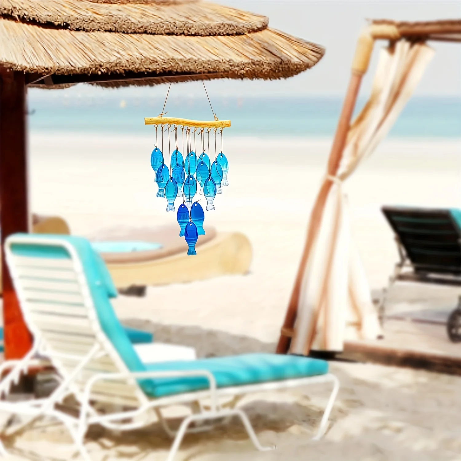 Blue glass sea wind chimes, outdoor glass wind chimes, handcrafted fish wind chimes, large glass wind chimes, beach parties, wed view 5