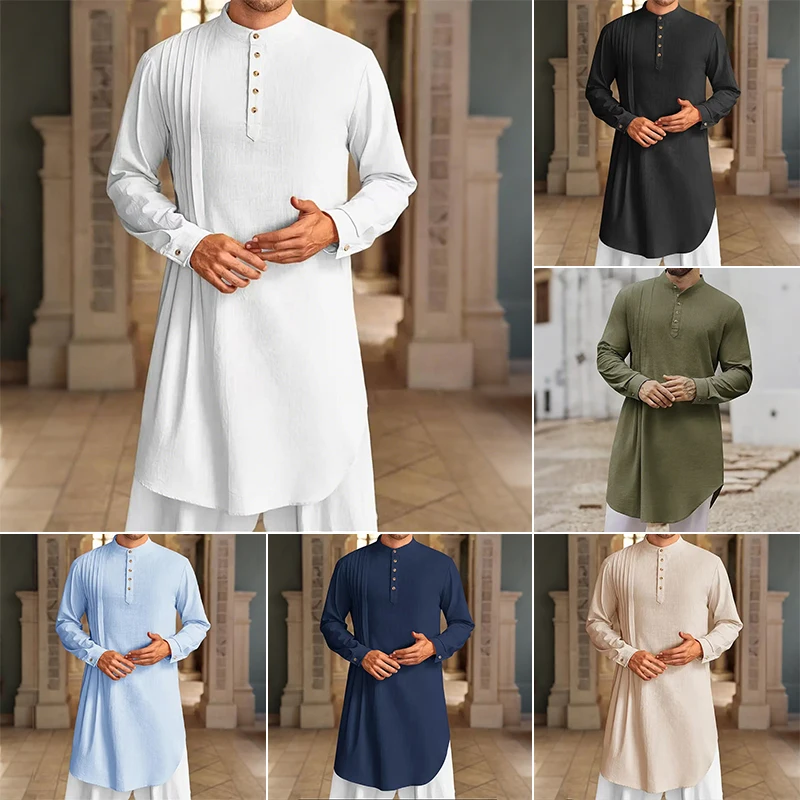 NEW Men's Muslim Shirt Stand Collar Long Sleeve Robe Islamic Arab Kaftan Solid Color Streetwear Casual Men Clothing Cotton Linen