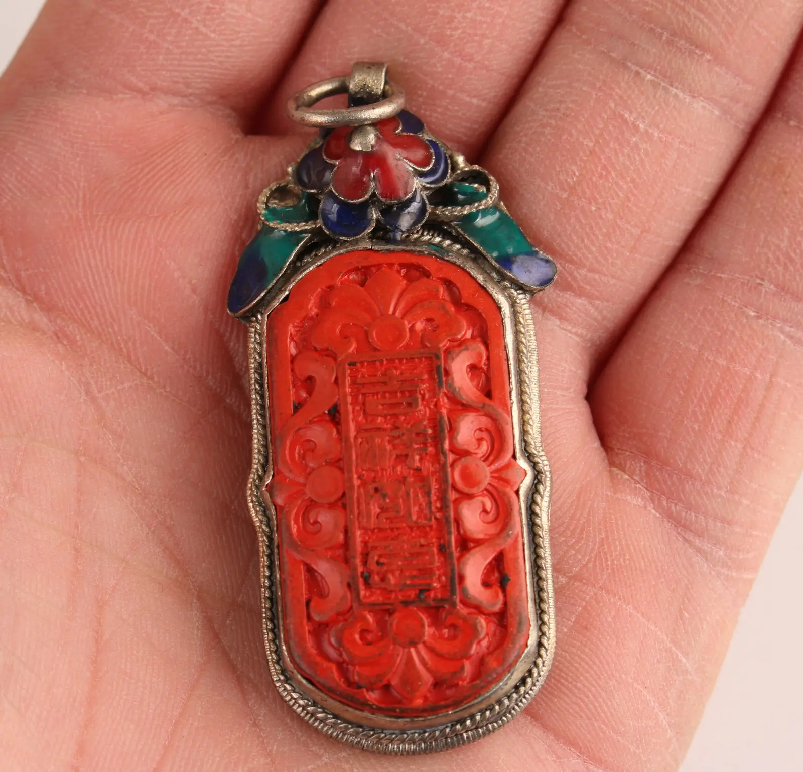 

Asian tibetan silver copper inlay lucky Cinnabar pendant necklace jewel gift
