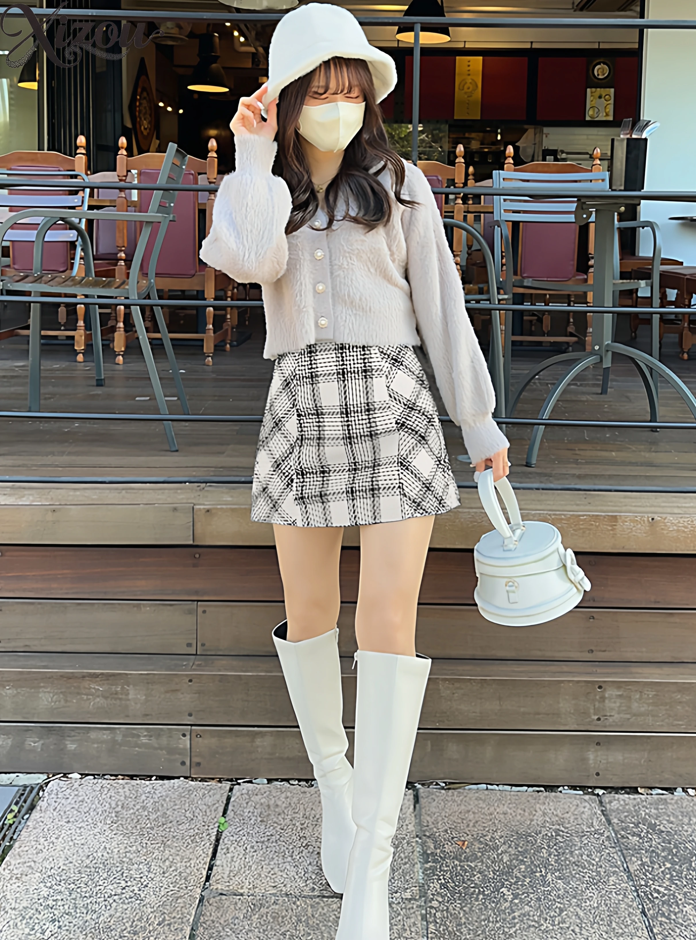 Zoete Vintage Chic A-lijn Contrast Kleur Geruite Rok Vrouwen Rits Elastische Taille Kantoor Dame Herfst Winter Korte Rokken Japans