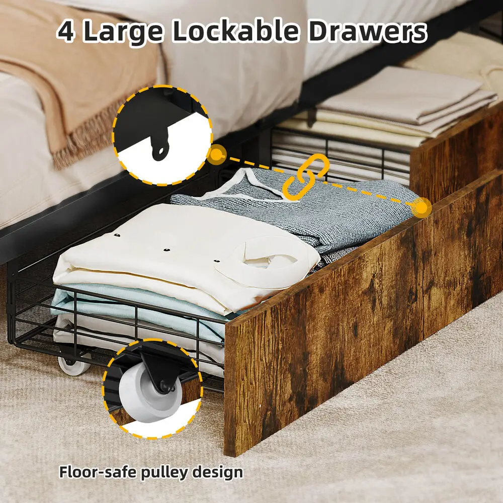 Bed Frame Metal Platform Bed with Storage Drawers Headboard USB Ports