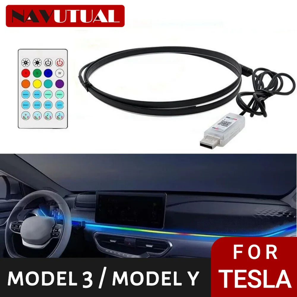 

Для Tesla Model 3/Y 2021-2023, внутреннее неоновое освещение для приборной панели, RGBIC, изменение цвета, Светодиодная лента с управлением через приложение и дистанционным управлением