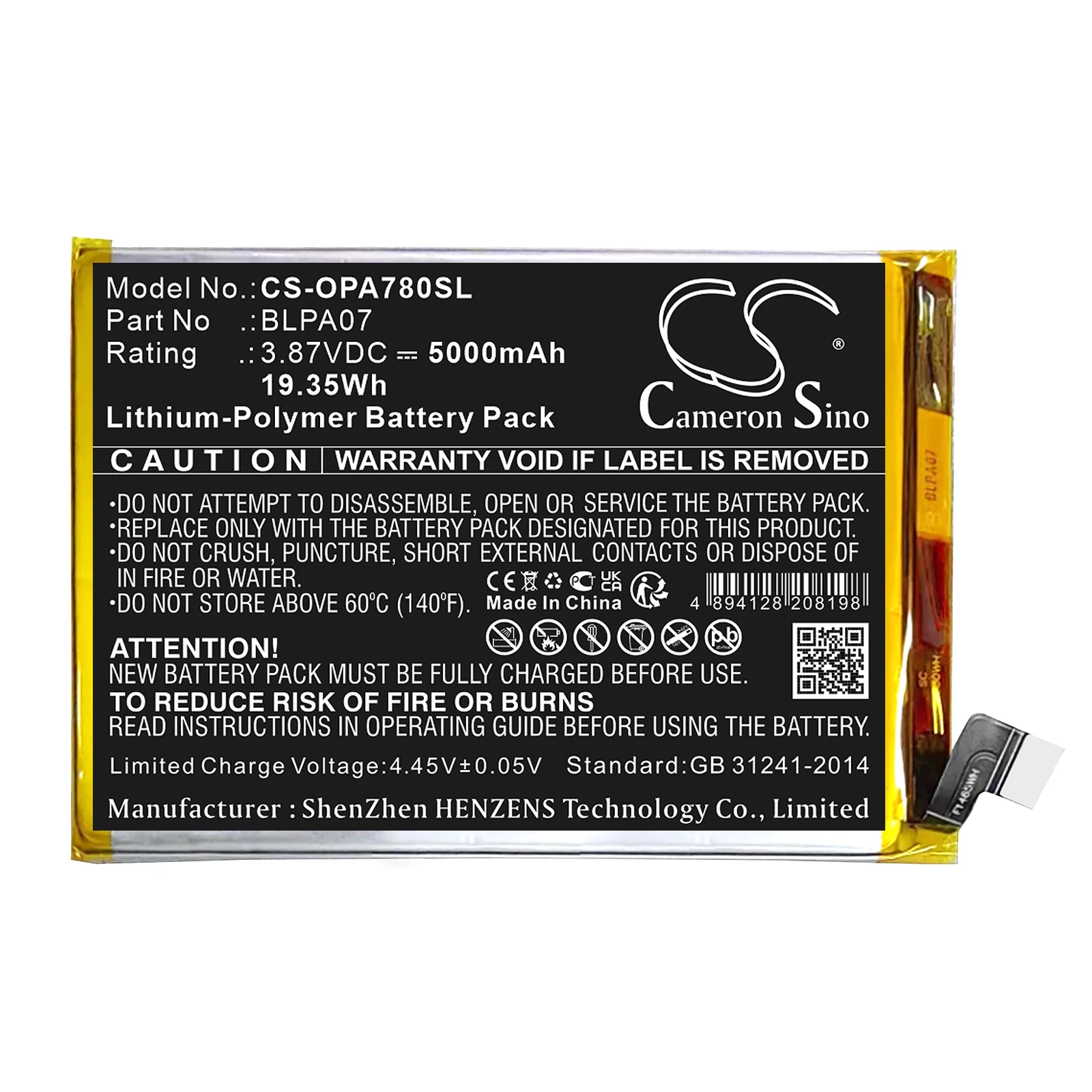 

5000mAh 3.87V 19.35Wh Mobile, SmartPhone Li-Polymer Battery for OPPO BLPA07 A78 4G CPH2565