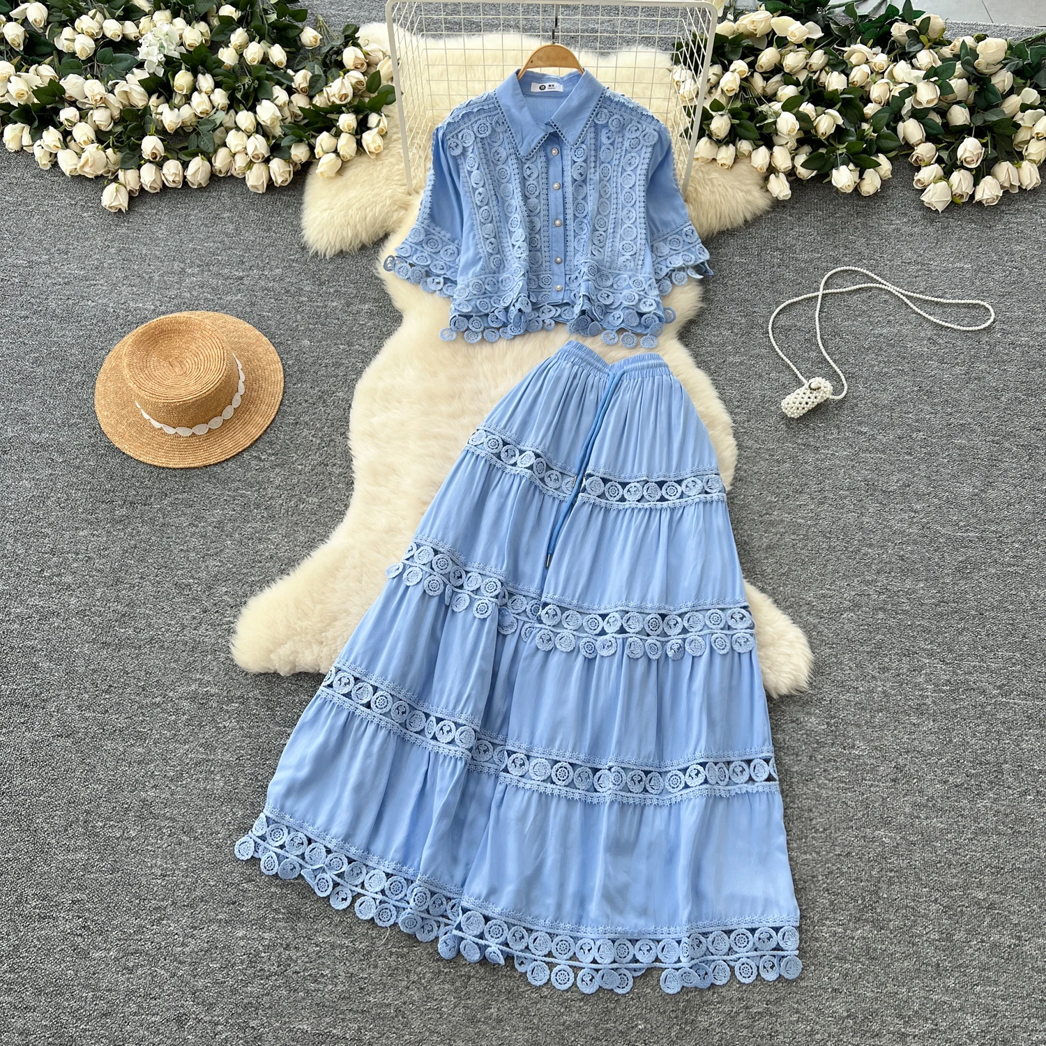 

Sexy Two Pieces Sets Chic short sleeve lace Top Fashion Hotsweet High Waist Wide women clothing