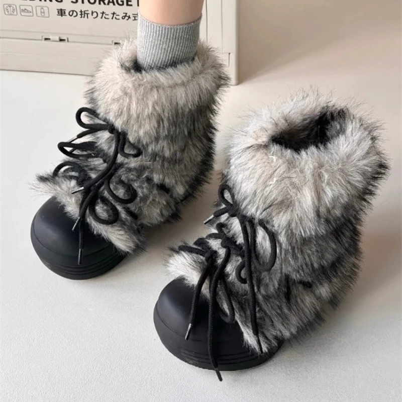 

Милые черные зимние ботинки на платформе со шнуровкой и бантом, женские модные пушистые дизайнерские хлопковые ботинки на плоской подошве, удобные теплые зимние ботильоны