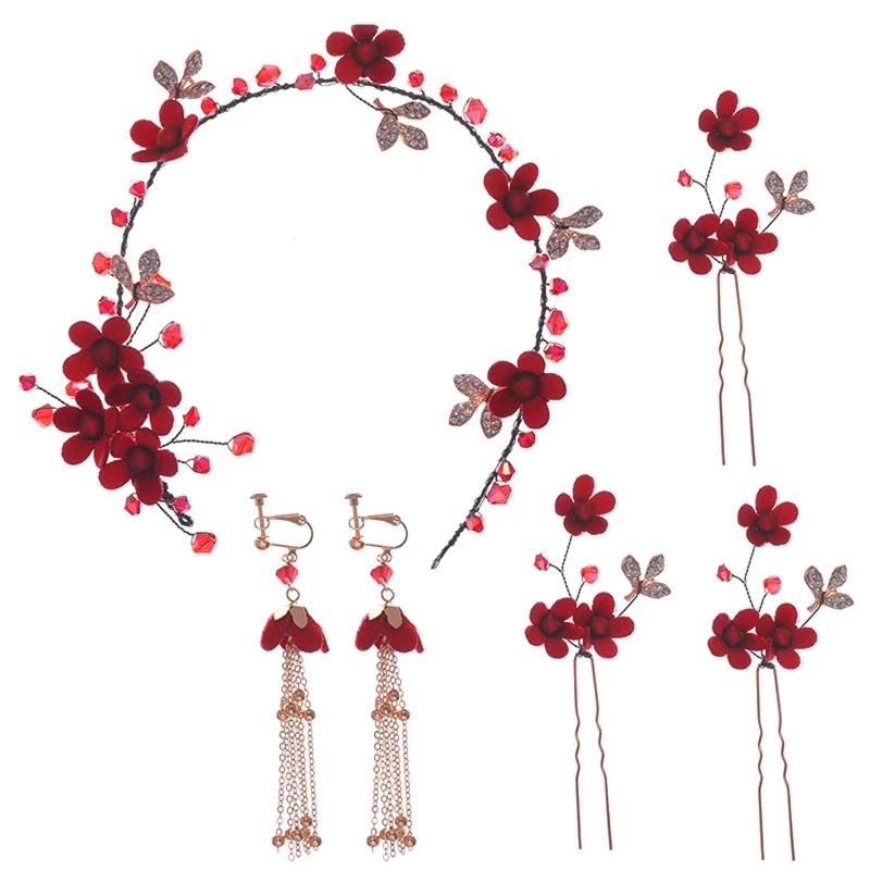 

Flower Decor U-Shaped Hair Sticks Alloy Vintage for Head Hoop Chinese Earrings Hairstyle Chignon for Girls Wedding Party