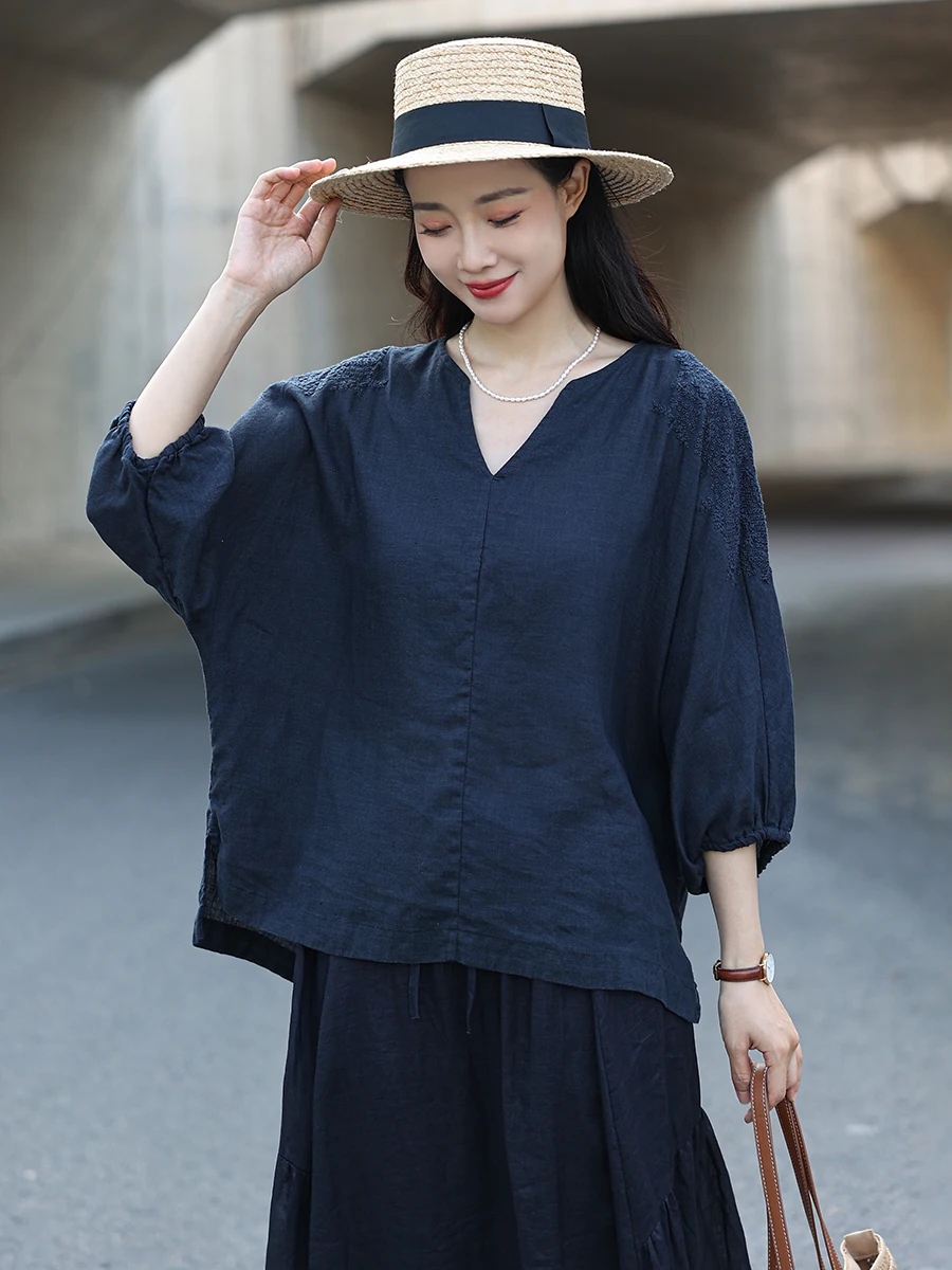 

Retro Style Embroidered Linen Shirt Women Loose Fit Bubble Sleeve Slimming V-Neck Top Heavyweight Washed for Summer Season