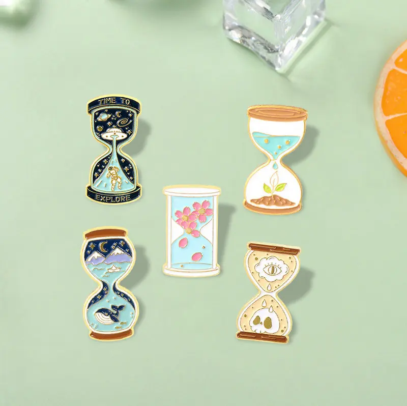 Hourglass Enamel Pins Custom Sakura Space Ocean Skull Brooch Lapel Badge Bag Cartoon Jewelry Gift for Kids Friends